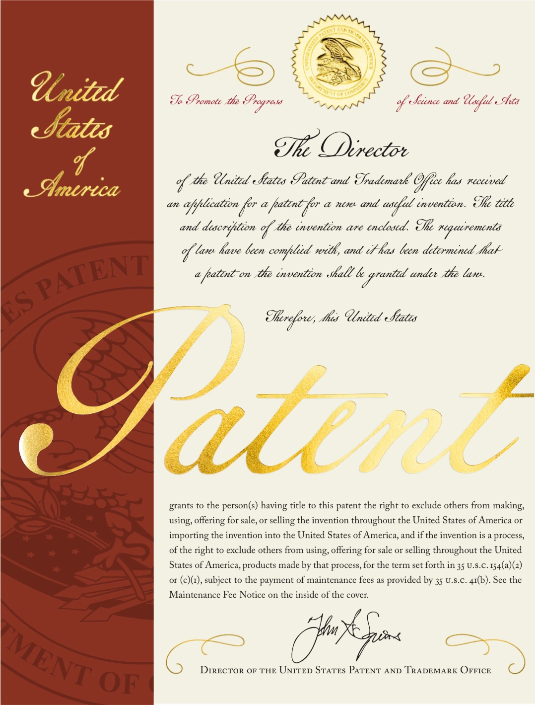 United States patent certificate cover